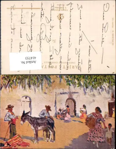 414753,Künstler Ak M. Bertuchi Un cortijo Spanien Barcelona Typen Esel Volkstypen Europa