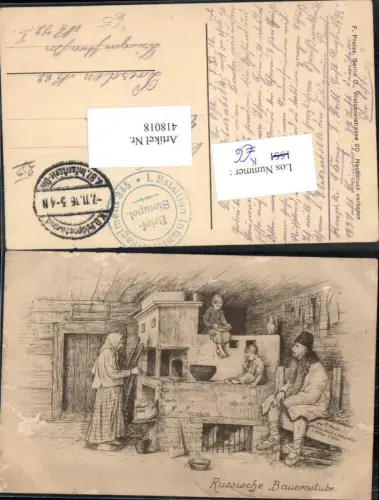 418018,Künstler Ak Russische Bauernstube Typen Kamin Ofen Volkstypen Europa