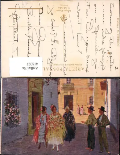 418027,Künstler Ak M. Bertuchi El piropo Barcelona Frauen Männer Spanien Volkstypen Europa