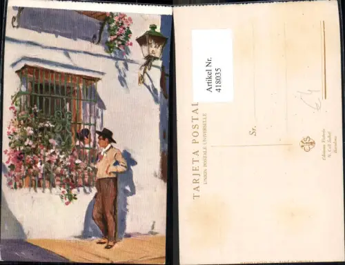 418035,Künstler Ak M. Bertuchi Paar b. Fenster Barcelona Spanien Volkstypen Europa