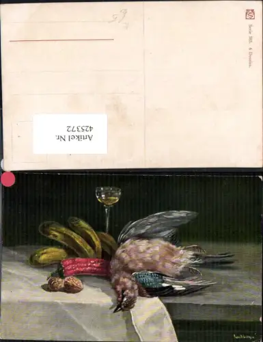425372,Künstler Ak Ametsberger Vogel Gurken Nüsse Sektglas Stillleben Essen Trinken