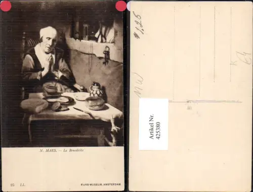 425380,Künstler Ak Nicolaas Maas Le Benedicite Betende Frau Tisch Katze Essen Trinken