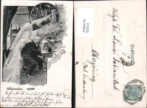 425513,Künstler Ak Allerseelen Mann sitzt a. Schreibtisch Tod Frau m. Schleier Friedhof pub B.K.W.I.