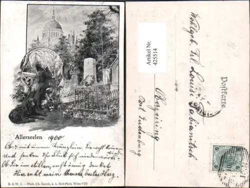 425514,Künstler Ak Allerseelen Frau Hund Gebet a. Grab Friedhof Tod pub B.K.W.I.
