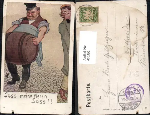 430502,Künstler Ak Dicker Mann m. Fass Soss meine Herrin Soss Betrunkene Alkohol
