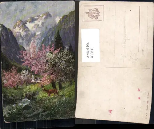 430631,Künstler Ak H. Kaufmann Rehe Rehbock Kirche Bergkulisse Jagd Wild pub Theo Stroefer 1162