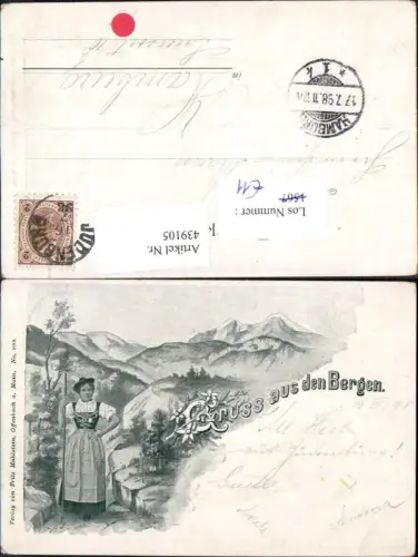 439105,Litho Frau Gruß a. d. Bergen Edelweiß Trachten Deutschland