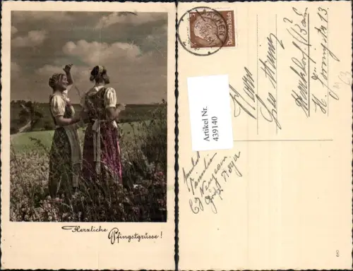 439140,Foto Ak Frauen a. Blumenwiese Pfingstgruß Trachten Deutschland