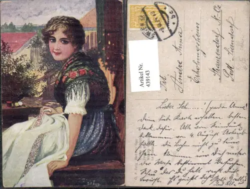 439143,Künstler Ak O. F. Berg Heiterer Sinn Frau Handarbeit Nähen Tracht Zopf