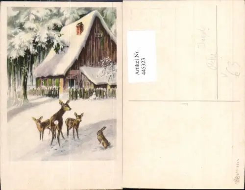 445323,Künstler Ak Jagd Rehe Rehkitze Hase Haus Winterlandschaft pub EAS 5345