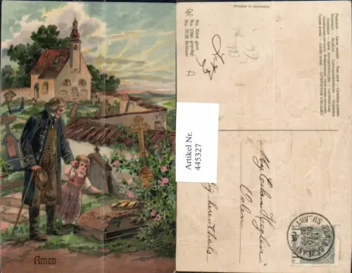 445327,Präge Künstler Litho Tod Mann m. Kind Grab Elterngrab Friedhof Amen