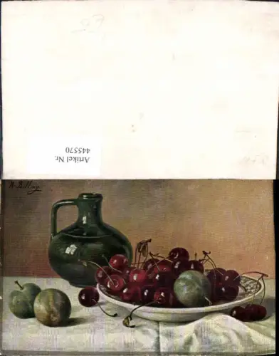 445570,Künstler Ak M. Billing Krug Kirschen a. Teller Stillleben Essen
