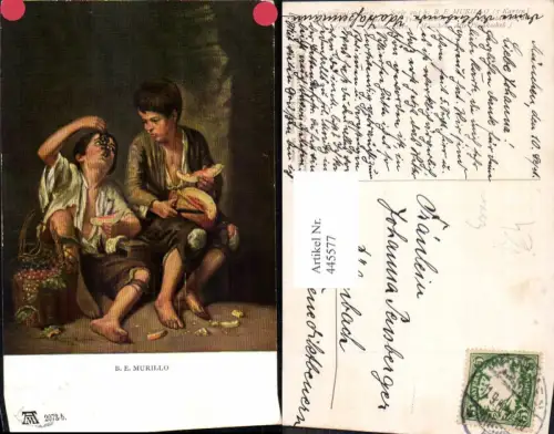 445577,Murillo Buben Jungen Weintrauben Melone Früchte Essen pub F. A. Ackermann 205/2073b