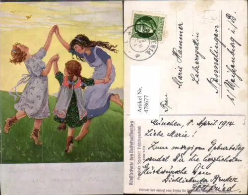 478677,Künstler Ak F. Schenkel Frühlingsabend Kinder Ringeltanz Tanzen pub Volkskunst