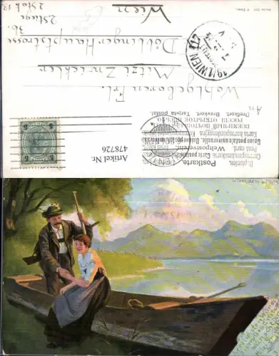 478726,Künstler Ak Jäger m. Frau Ruderboot Boot Händchenhalten Jagd
