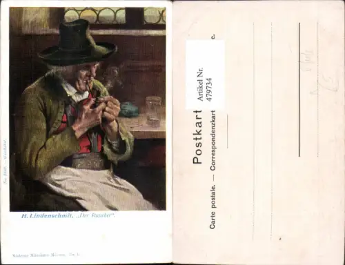 479734,Künstler Ak H. Lindenschmit Der Raucher Alter Mann Pfeife Rauchen