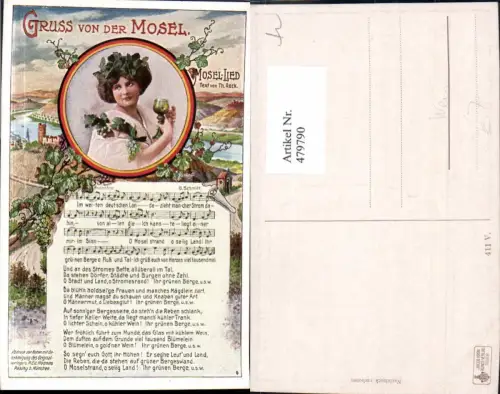 479790,Liedkarte Mosel Lied Th. Reck Wein Alkohol Text Notenzeile