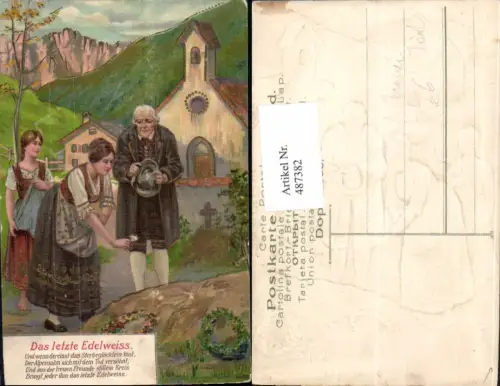 487382,Präge Litho Tod Mann m. Frauen a. Grab Letztes Edelweiß Trauer