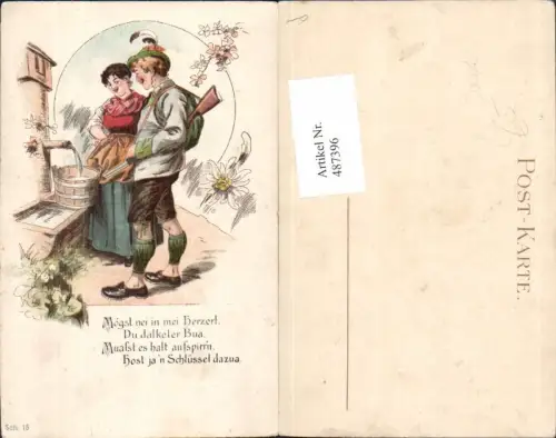 487396,Künstler Litho Jagd Jäger m. Frau a. Brunnen Spruch Text