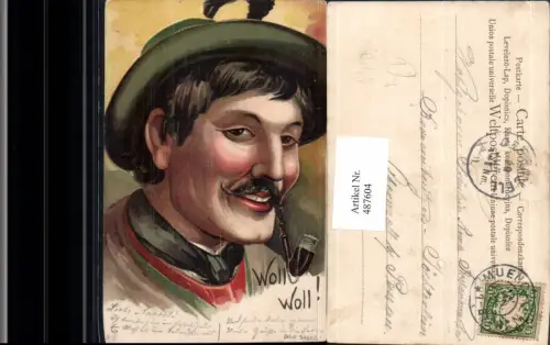 487604,Künstler Ak Mann Portrait Pfeife Rauchen Hut Woll Woll