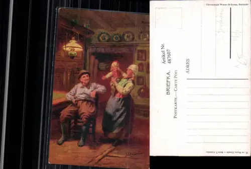 487607,Künstler Ak J. Gerstenhauer Paar m. Kind Pfeife Rauchen