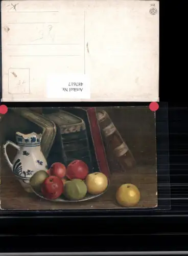 487617,Künstler Ak Stillleben Essen Krug Bücher Teller m. Äpfel Obst