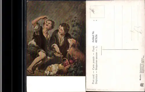 487636,Künstler Ak B. E. Murillo Melonenesser Buben Hund Picknick Essen