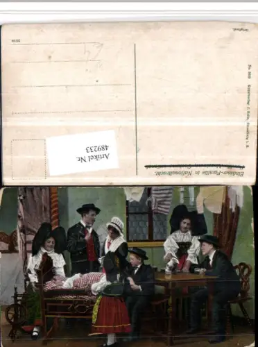 489233,Frankreich Elsass Familie in Nationaltracht Trachten Spinnrad Wiege