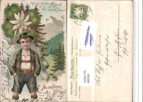 489269,Präge Litho Goldverzierung Bub Junge Deutsche Tracht Blume