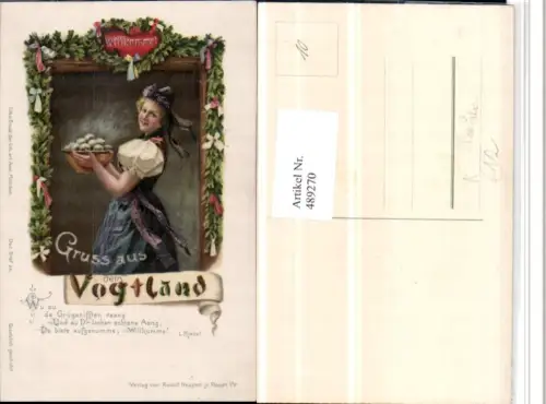 489270,Künstler AK Plauen Vogtland Frau Tracht Knödel Spruch