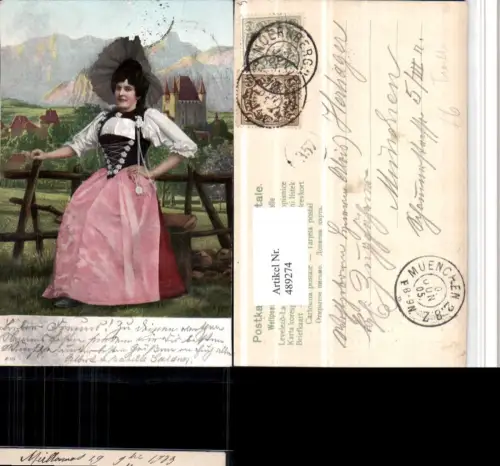 489274,Deutsche Trachten Frau in Tracht Burg Bergkulisse