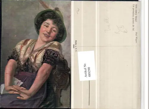489290,Künstler AK Paul Wagner Sein erster Brief Frau Tracht Federhut