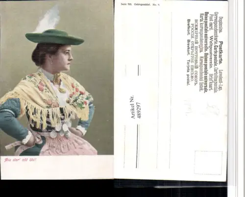 489297,Künstler AK Gebirgsmädel 6 Deutsche Tracht Frau Federhut