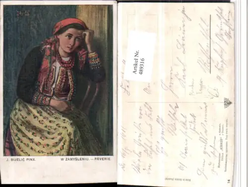 489316,Künstler AK J. Bijelic W Zamysleniu Reverie Krakus Polnische Tracht