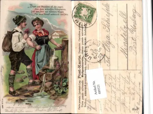 489321,Präge Litho Deutsche Tracht Trachten Paar Brunnen Spruch