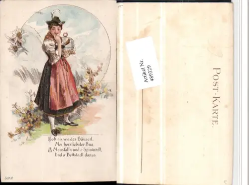 489329,Künstler Litho Deutsche Tracht Vogelkäfig Spruch Bergkulisse