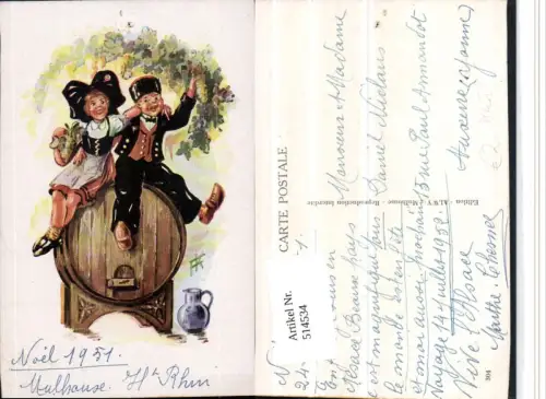 514534,Künstler AK Kinder Tracht Weintrauben Wein Fass Krug