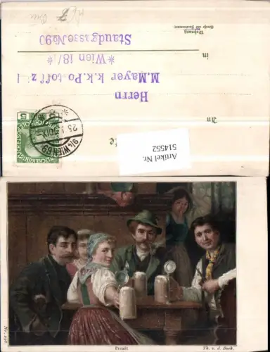 514552,Künstler AK Th. v. d. Beek Prosit Personen Bier Bierkrüge Pfeife Rauchen