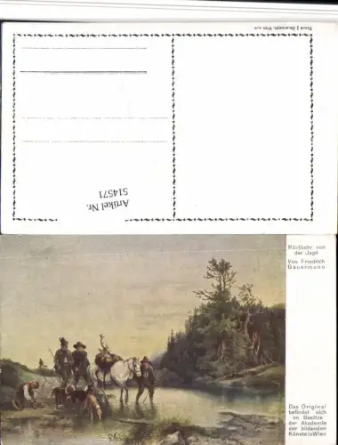514571,Künstler AK Friedrich Gauermann Rückkehr von d. Jagd Jäger Hunde Pferd Hirsch