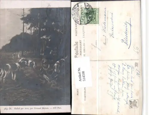 514598,Künstler AK Fernand Maissen Hallali par terre Jäger Jagd Hunde Hirsch