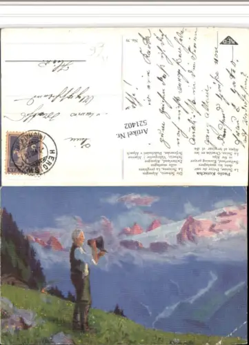 521402,Künstler AK Paolo Kutschea Brauchtum Schweiz Alpsegen Bergkulisse