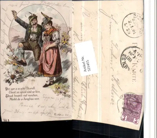 521415,Präge Litho Tanzen Tanz Paar Tracht Federhüte Spruch