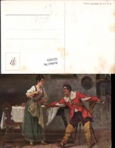553103,Künstler AK Alkohol Wein Glas Frau Tracht Mann Krug