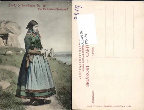575874,Volkstypen Typen Danske Nationaldragter Pige fra Refsnaes Dagligdragt Dänemark
