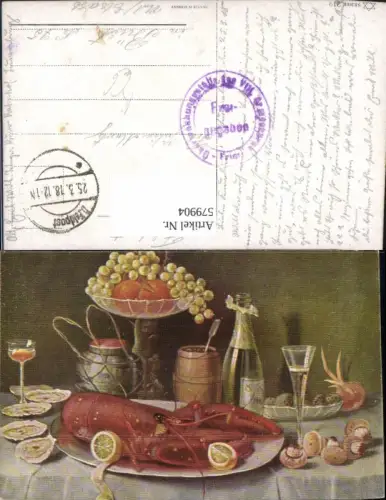 579904,Künstler Ak Hummer Champagner Austern Stillleben Essen
