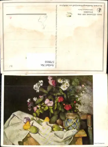 579910,Künstler Ak Paul Cezanne Obst u. Blumen Vase Stillleben Essen