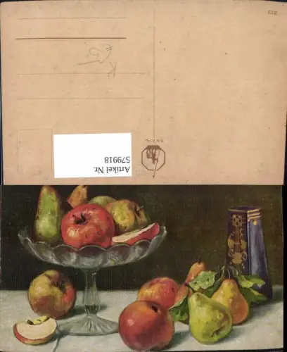 579918,Künstler Ak Äpfel u. Birnen Vase Stillleben Essen