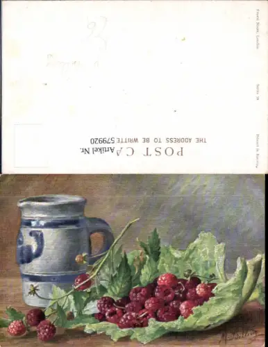 579920,Künstler Ak M. Billing Himbeeren auf Blatt Krug Stillleben Essen