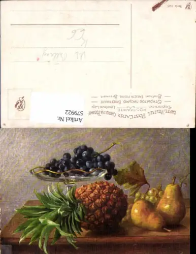 579922,Künstler Ak M. Billing Ananas Birnen Weintrauben Stillleben Essen