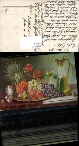579929,Künstler Ak Ananas Weintrauben Birnen Karaffe Wein Stillleben Essen